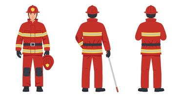 Firefighter character in three poses showcasing flat design art vector