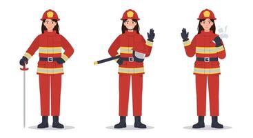 Female firefighter in three poses showcasing flat design style art vector
