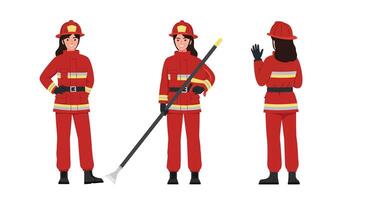 Firefighter character design in flat style showcasing different poses illustration vector