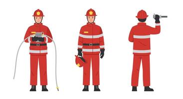 Firefighter character in action with minimal design showing three frames of art vector
