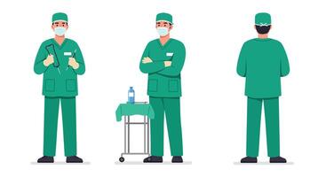 Medical professional character design in flat style showcasing three poses in illustration vector