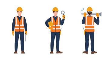 Construction worker character in flat style showcasing actions in art vector