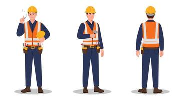 Construction worker in safety gear, flat design, showcasing multiple poses in art vector