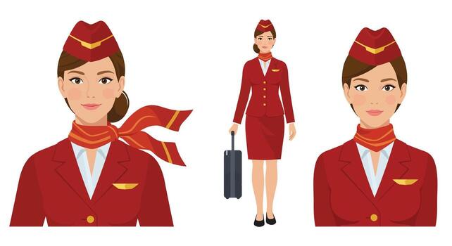 Flight attendant character design in flat style showcasing changes in attire and pose illustration vector