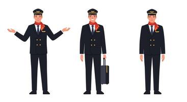 Flight attendant character transitions in flat art style showing different poses and expressions vector
