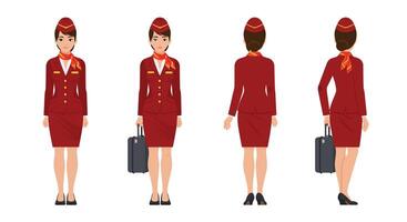 Flight attendant character design in detailed flat style showcasing multiple poses illustration vector