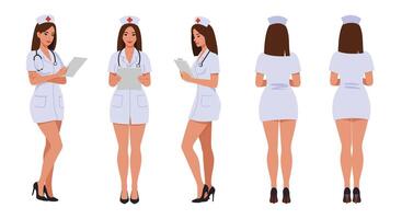 Nurse character design in flat style showcasing different poses and expressions illustration vector