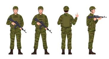 Soldier in military uniform illustrated in detailed art style showing multiple poses and actions in illustration vector