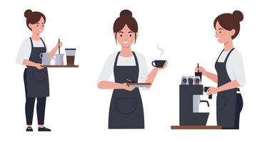 Barista serving coffee in three frames with flat design style art vector