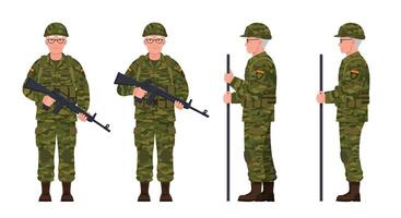 Soldier character transformation in flat art showing different poses and actions vector