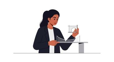 Engineer analyzing data while holding a model bridge in flat art vector
