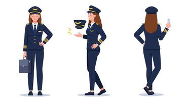 Female pilot character in various poses flat illustration vector