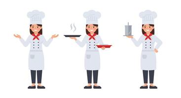 Chef character in three poses showcasing cooking, serving, and presenting in flat art vector