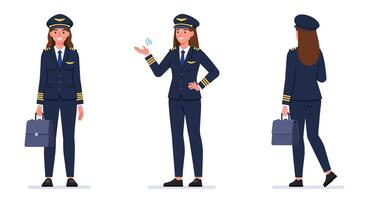 Female airline pilot character in flat design illustration showing different poses and expressions vector