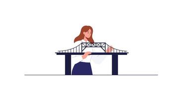 Woman constructing a bridge in flat design art vector