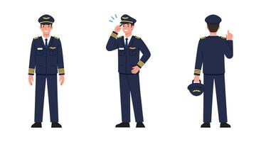 Pilot character in uniform, showing greetings and poses in flat art vector