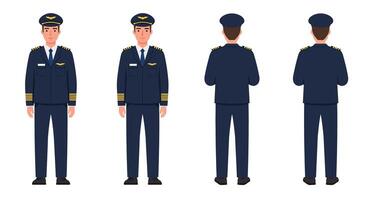 Pilot character design in flat style showcasing multiple angles in art vector
