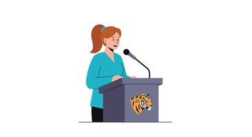 Speaker at podium with tiger logo in flat art style vector