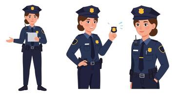 Police officer in three poses with flat design elements in art vector