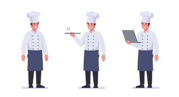 Chef character performing actions in flat style illustration with three frames vector