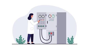 Scientist adjusting controls on a machine in flat art style vector