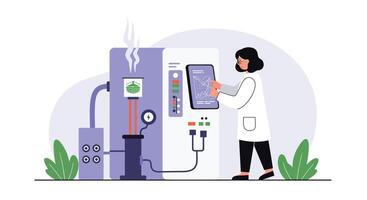 Scientist adjusting machine settings in a flat style illustration vector