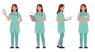 Medical professional in different poses showcasing flat design art vector