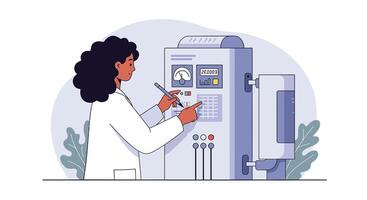 Scientist interacting with laboratory equipment in minimal flat art vector