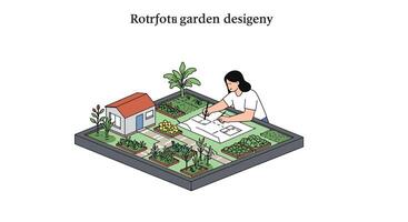 Garden design process featuring a woman sketching in minimal art style vector
