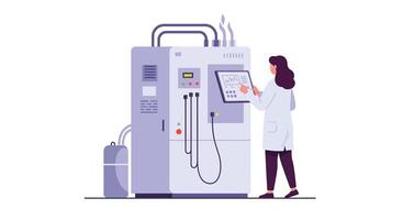 Laboratory technician interacting with advanced equipment in flat art vector