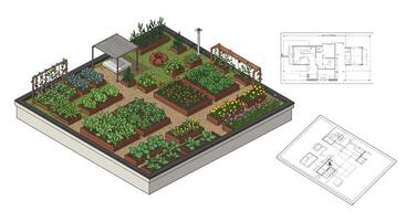 Detailed garden layout design in vibrant colors showcasing plants in flat art vector