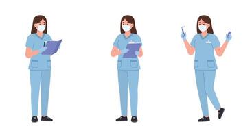 Medical professional in three poses demonstrating tasks in flat illustration style vector