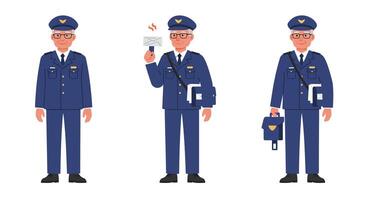 Postal worker character transition in flat art featuring delivery, letter, and briefcase vector