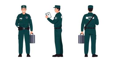 Security officer in uniform transitions from standing to checking device in flat illustration vector