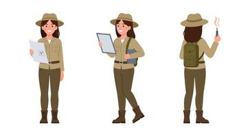 Female explorer character in three poses with flat design art vector