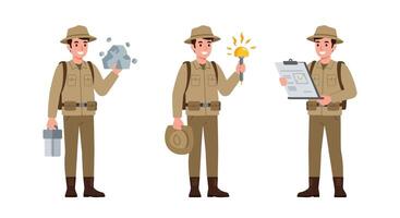 Explorer character in three poses showcasing flat art style with tools and excitement in illustration vector