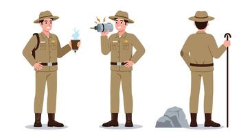 Park ranger in action showcasing various tasks in flat art vector