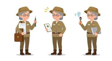 Friendly park ranger character showcasing three activities in detailed illustration vector