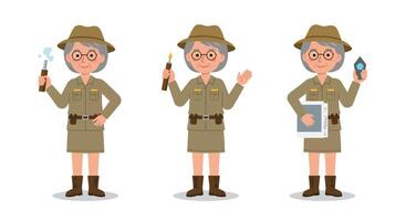 Explorer character in three poses showcasing flat design art vector
