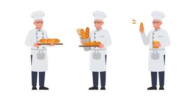 Chef character illustration in minimal style showcasing bread preparation and serving art vector