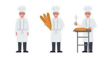 Chef character progression in flat design showcasing bread baking in art vector