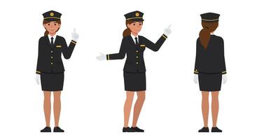 Airplane pilot character in uniform performing gestures flat art vector