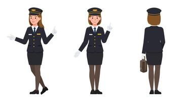 Female flight attendant character in flat design style showcasing multiple poses art vector
