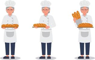 Chef presenting fresh baked goods in minimal art style with multiple actions in illustration vector