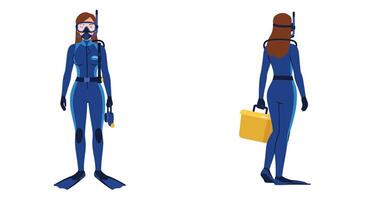 Diver character transformation from front to back view in flat art vector