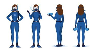 Scuba diver character design in flat style showcasing different poses in art vector