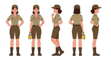 Female park ranger character design in flat style showcasing multiple poses illustration vector