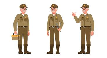 Detailed soldier character in three poses showcasing flat art style and expressions in uniform illustration vector