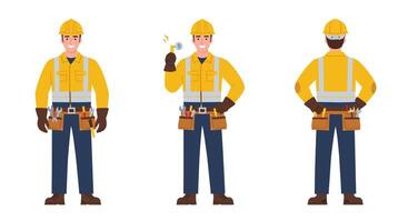 Construction worker character in flat style showcasing different poses in illustration vector