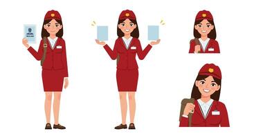 Female service worker in red uniform performing tasks in flat art vector